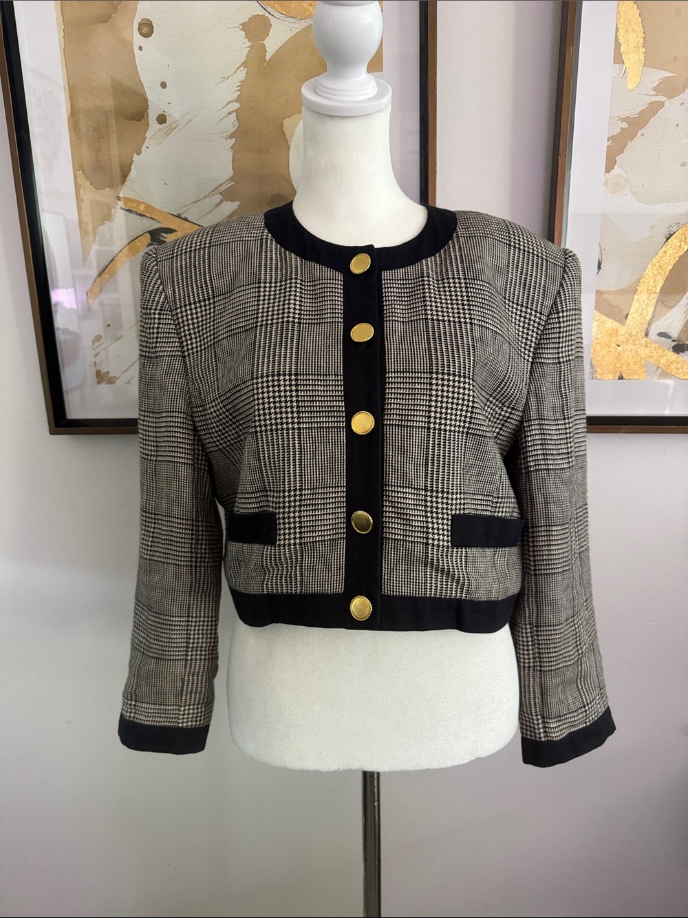 vintage Escada Margaretha Let black white plaid cropped jacket black trim gold